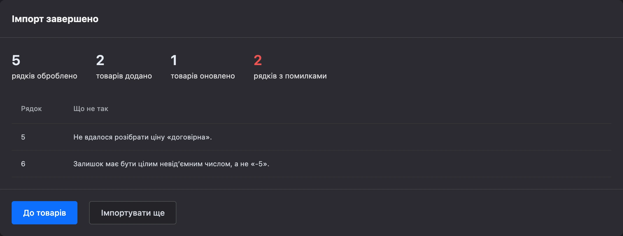 Підсумок імпорту: лічильники й рядки з помилками