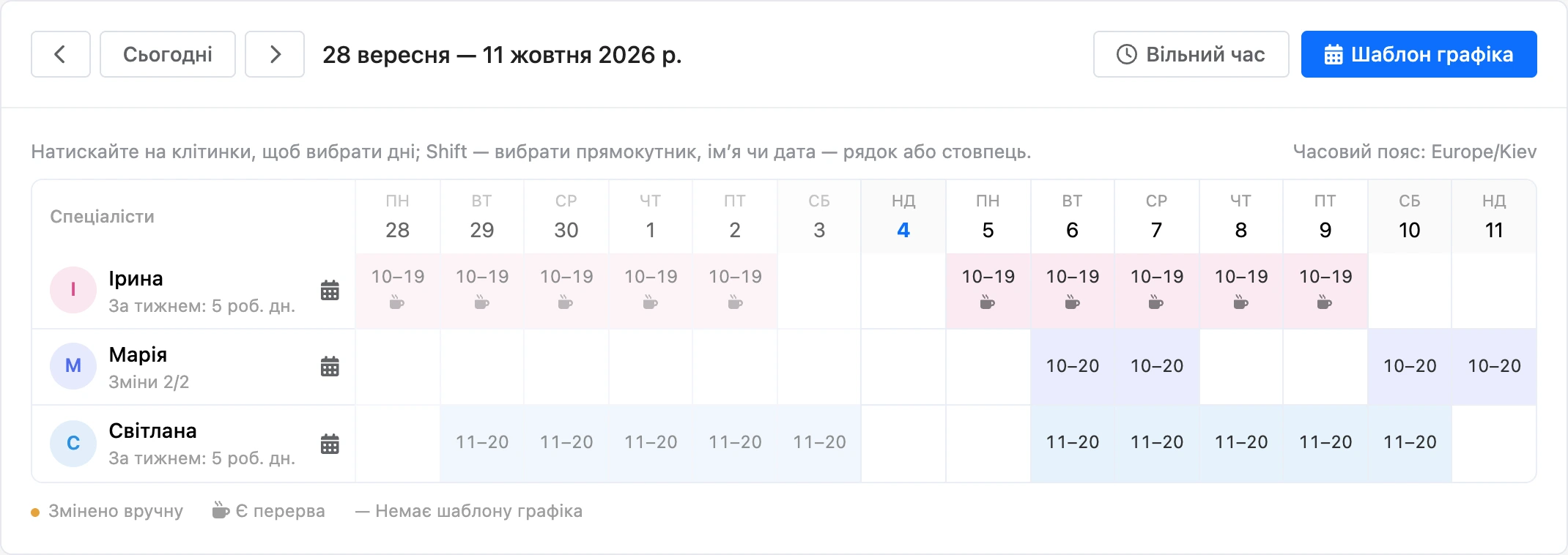 Таблиця графіка спеціалістів